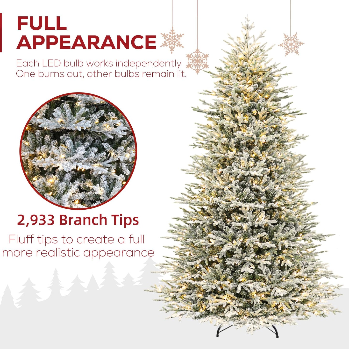 Hykolity 7.5 ft Prelit Snow Flocked Christmas Tree, 2933 PE&PVC Realistic Branch Tips, Artificial Twinkling Christmas Tree with 450 Warm White LED Lights, Metal Stand and Hinged Branches