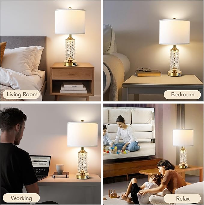 QiMH Set of 2 Table Lamps with USB Ports, Modern Bedside Lamp with LED Night Light for Bedroom, Nightstand Lamps for Living Room Office (Gold)(2 Bulbs Include)