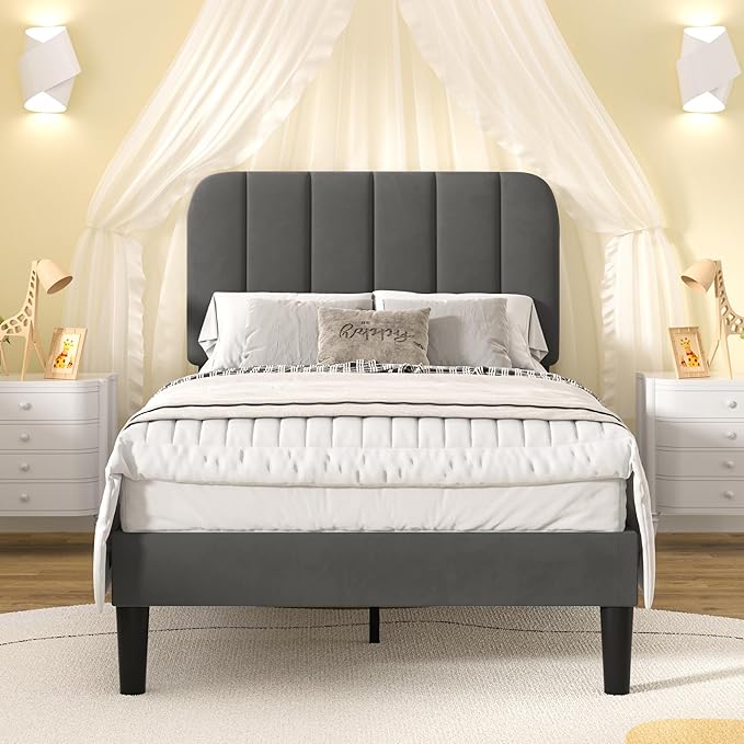 VECELO Twin Size Bed Frame with Upholstered Headboard, Velvet Platform Bedframe Mattress Foundation, Strong Wood Slat Support, No Box Spring Needed,Grey