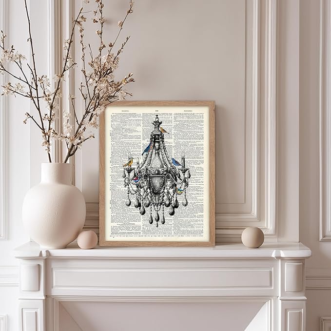 Poster Master Dictionary Art Poster - Antique Chandelier Print - Bird Art - Baroque Art - Gift for Men & Women - Chic Decor for Living Room, Dining Room, Bedroom or Kitchen, 8x10 Beige Framed