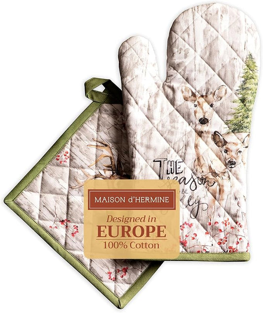 Maison d' Hermine 100% Cotton Oven Mitt & Pot Holder Set (7.5"x13" & 8"x8") Heat Resistant BBQ Cooking Gloves with Loop for Thanksgiving Christmas Decorations Handling Hot Pans (Mountain Life)
