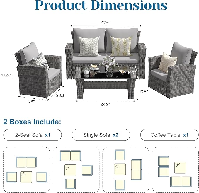 Solaste 4 Piece Outdoor Patio Furniture Set, Outdoor Sectional Sofa with Tempered Glass Coffee Table and Cushions, Wicker Rattan Patio Set for Backyard, Front Porch, Balcony, Gray