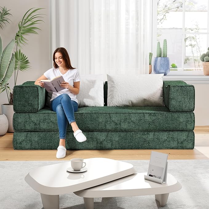 Rovibek 80-Inch 4-in-1 Boneless Sofa Bed – Corduroy Convertible Loveseat Sleeper, Fixed-Shape Frame, No Assembly Required, Space-Saving Pull-Out Futon for Living Room & Bedroom, Green