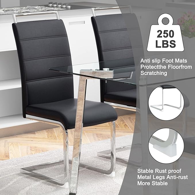 51“ Small Glass Dining Table Set for 4,0.31”Thick Tempered Glass Table Top with 4 Chrome Plate Metal Legs,4 PU Leather Dining Chairs,Modern Kitchen Dinner Room Table Set,for Kitchen Room