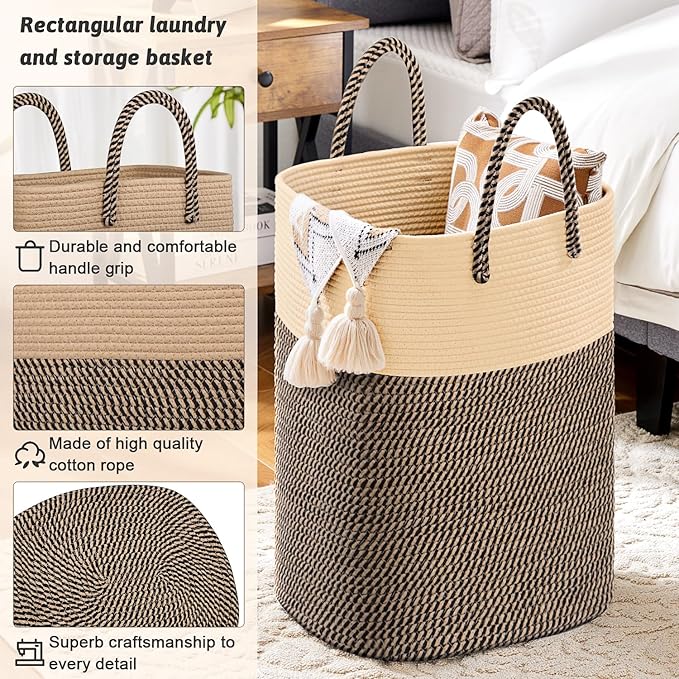 Laundry Basket,Woven Cotton Rope Laundry Hamper,Versatile Storage for Dirty Clothes,Baby Toys,and Blankets in Bathroom, Nursery,and Living Room (Jute, 100L)