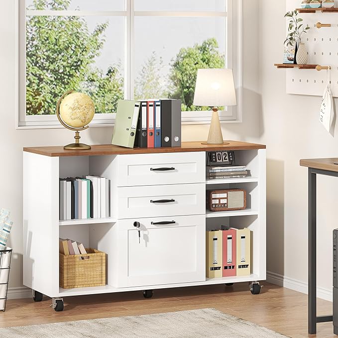 Semoic 3 Drawer Wood Lateral File Cabinet with Lock, Rolling Mobile Filing Cabinet with Open Storage Shelves, Printer Stand Office Storage Cabinet for Home Office Fits Files Legal/A4 Size, White