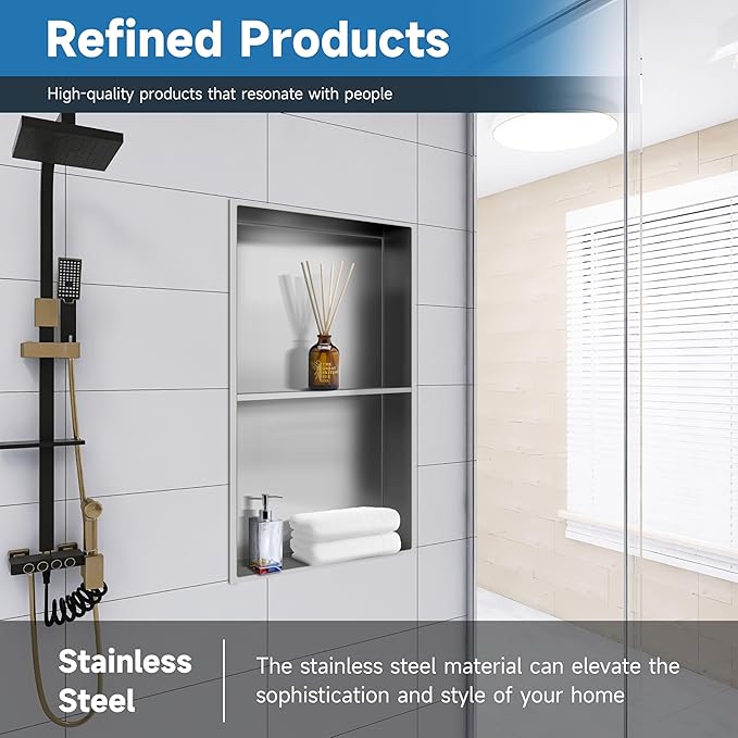 Shower Niche 9" X 25", Wall Niche with Double Shelves, Shower Niche Insert Tile Ready, Shower Caddies Bath Niche, No Tile Needed Over Mount Installation