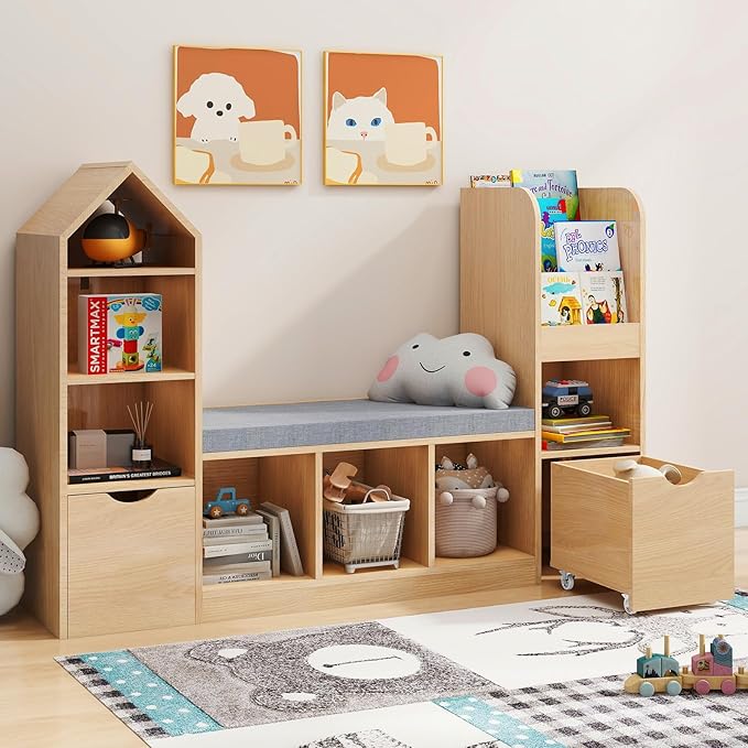 Kids Bookcase and Bookshelf with Reading Nook, Toy Storage Organizer, Oak Bookcase with 7 Storage Cubbies, 2 Movable Drawers and Seat Cushion for Kids Room, Playroom, Bedroom