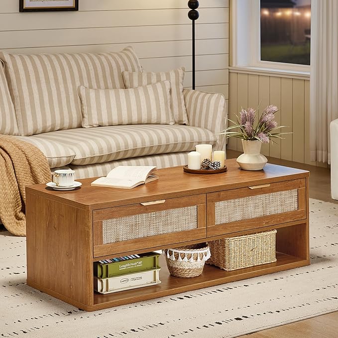 LEYAOYAO 48" Farmhouse Boho Rattan Coffee Table with 2 Woven Drawers,Rectangular Coffee Tables with Hidden Storage Compartment,Curved Profile Design,Wooden Center Table for Living Room,Office,Brown