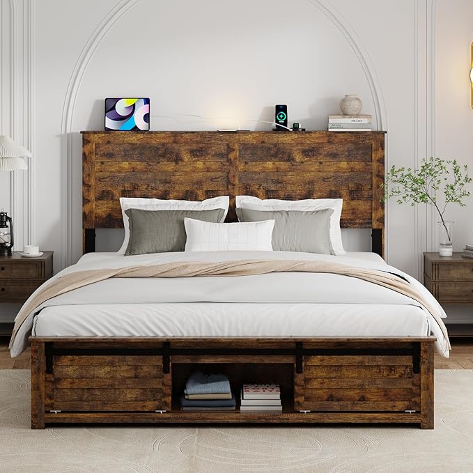 Queen Size Bed Frame with Wood Headboard, Wooden Platform Bedframe with Sliding Barn Door Footboard and Charging Station Easy Assembly, No Box Spring Needed (Brown, Queen)