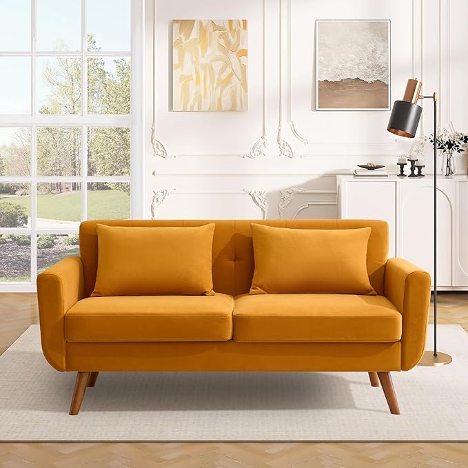 Tbfit 65" W Loveseat Sofa, Velvet Mid Century Modern Love Seat Couches for Living Room, Button Tufted Upholstered Small Couch for Bedroom, Solid and Easy to Install Love Seats Furniture, Yellow