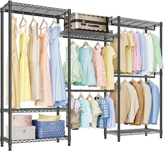 IZEUK Heavy Duty Garment Rack, Wardrobe Combination and Tall Dresser with Hanging Rack for Clothes with 5 Rods, Freestanding Adjustable Metal Closet Organizer, 15.7" D x 70.8" W x 76.5" H, Black