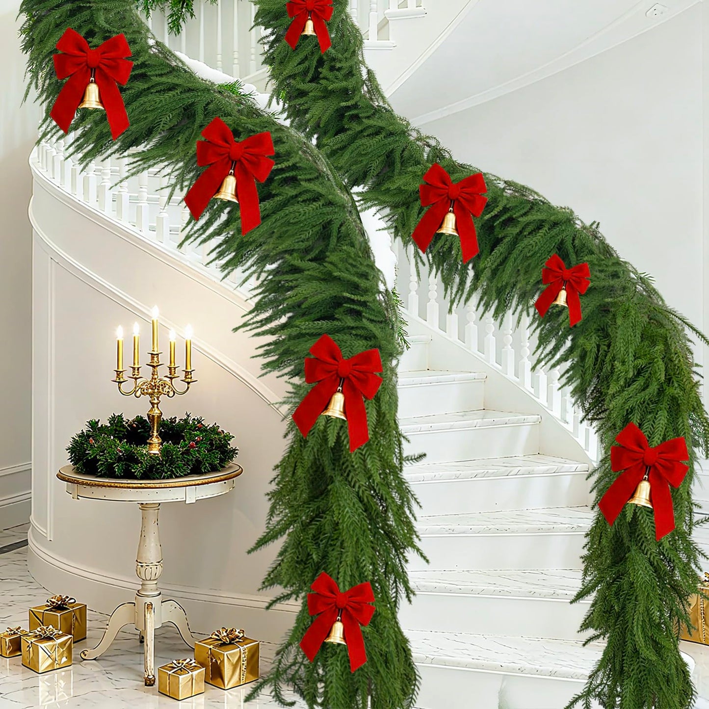 SWNAWE 2PCS Artificial Christmas Norfolk Pine Garlands, Real Touch Pine Garland Faux Greenery Winter Garland for Mantle Fireplace Stairs Table Wall Home Xmas Holiday Indoor Christmas Decorations