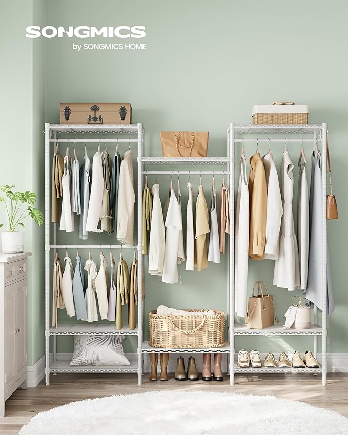 SONGMICS Portable Wardrobe Closet Heavy Duty Clothes Rack, Freestanding Closet Organizer, Metal Garment Rack with Adjustable Wire Shelves, Hanging Rods, Hooks, Dividable, Cloud White ULGR431W01