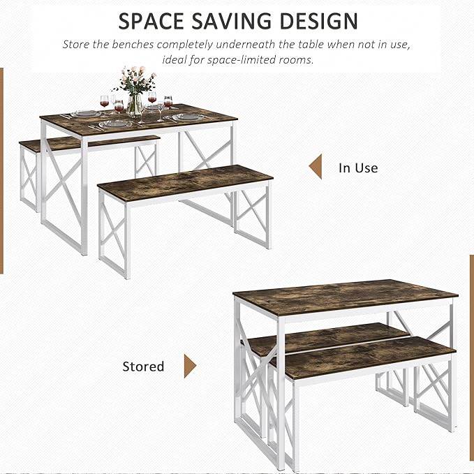 VECELO Kitchen Table with 2 Benches for 4, 43.3'' Wood Dining Room Dinette Sets with Metal Frame for Breakfast Nook and Small Space, Dark Brown