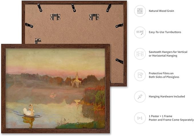 Poster Master Vintage Pond in Radziejowice Poster - Retro Swan Print - Lake Art - Landscape Art - Farmhouse Art - Animal Lover Art - Aesthetic Living Room or Office Decor, 16x20 Brown Framed