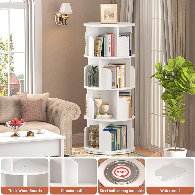 Rotating Bookshelf, Wood Corner Bookshelf, 360 Display Spinning Bookcase Storage Rack, 4 Tier Floor Standing Revolving Bookcase Narrow Book Shelf Organizer for Small Space, Bedroom, White