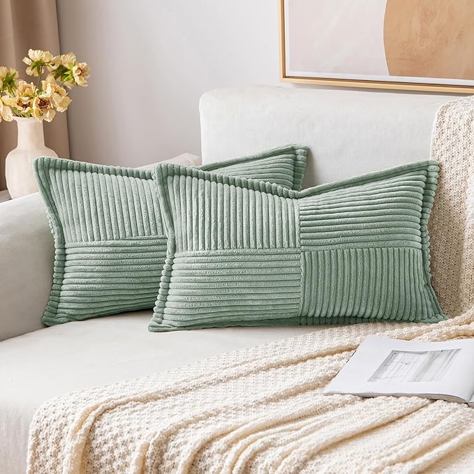 MIULEE Decorative Lumbar Throw Pillow Covers for Couch Bed Livingroom 12x20 Inch Set of 2 Greyish Green Boho Accent Throw Pllows Broadside Striped Patchwork Soft Corduroy Summer Pillowcases