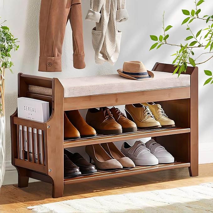 2 Tier Shoe Bench, Bamboo Shoe Rack Bench, Shoe Storage Bench Organizer for Entryway Hallway Living Room