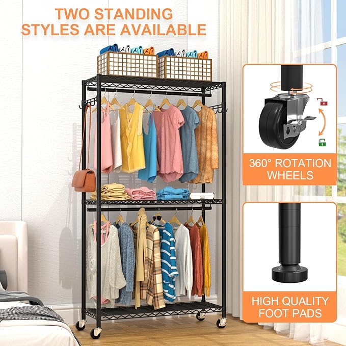Clothes Rack, Clothing Racks for Hanging Clothes, 3 Tiers Adjustable Garment Rack with Wheels | Double Rods | Side Hooks | Heavy Duty | Load 445lbs | 15.7" D x 35.43" W x 78.34" H | Black