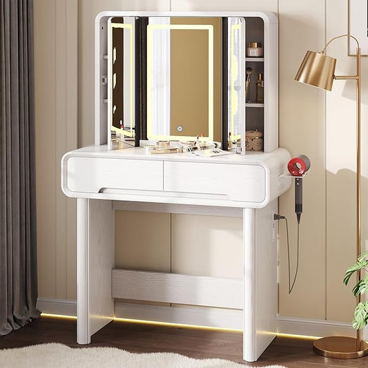 IRONCK Vanity Makeup Desk with 3-Sided Foldable LED Mirror, Create Your Glam Space with 9 Secret Storage Shelves, Built-in Charging, White Elegant Curved Dressing Table