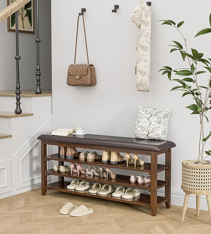 Wooden Shoe Bench Storage with Leather Cushion, Rustic Solid Wood Entryway Bench with 3-Tiers Height Adjustable, Shoe Rack Front Doors Entrances for Hallway Living Room,Mudrooms (Brown,47.2")