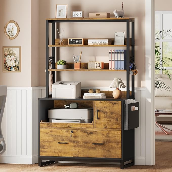 SEDETA File Cabinet with Lock and Sliding Open Storage Shelf, Filing Cabinet Fits Legal/Letter/A4 Size, File Cabinets for Home Office with Adjustable Storage Shelf and Hook, Rustic Brown