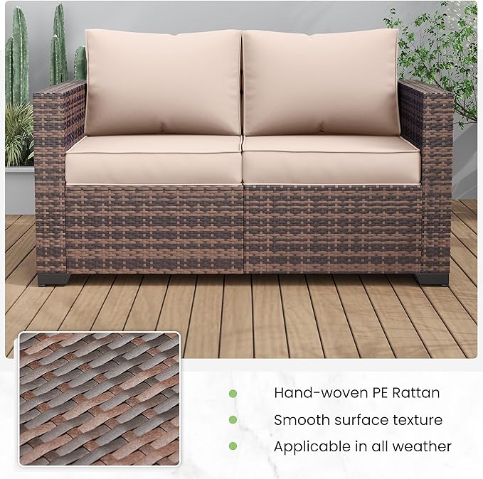 Amopatio Patio Loveseat, Outdoor Furniture 2-Seat Wicker Porch Furniture Outdoor Couch Sofa with Water-Resistant Cover & Non-Slip Cushions, Premium Patio Set, Khaki