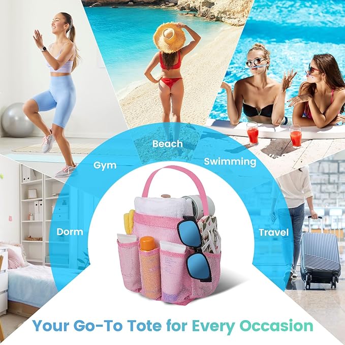 Camping Essentials Shower Caddy Portable for College Dorm Room Essentials for Girls with 8 Pockets,Large-Capacity Shower Caddy Dorm Basket,Quick Dry Bath Bag for Bathroom,Gym,Travel,Swim,Beach-Pink