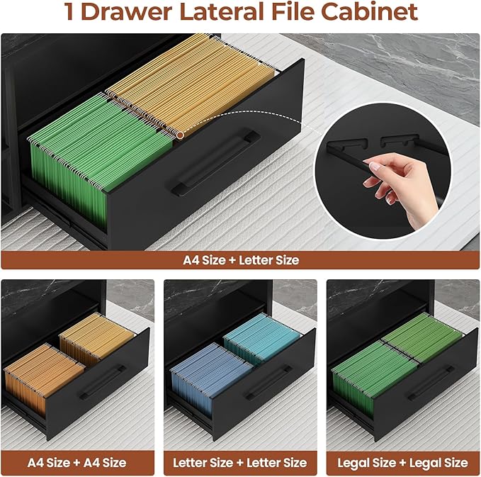 71" Executive Desk, Large Office Desk with Widen File Drawers & Power Outlets, Reversible L Shaped Computer Desk Corner Desk with Storage Shelves, CPU Stand, Hooks, Business Furniture (Black)