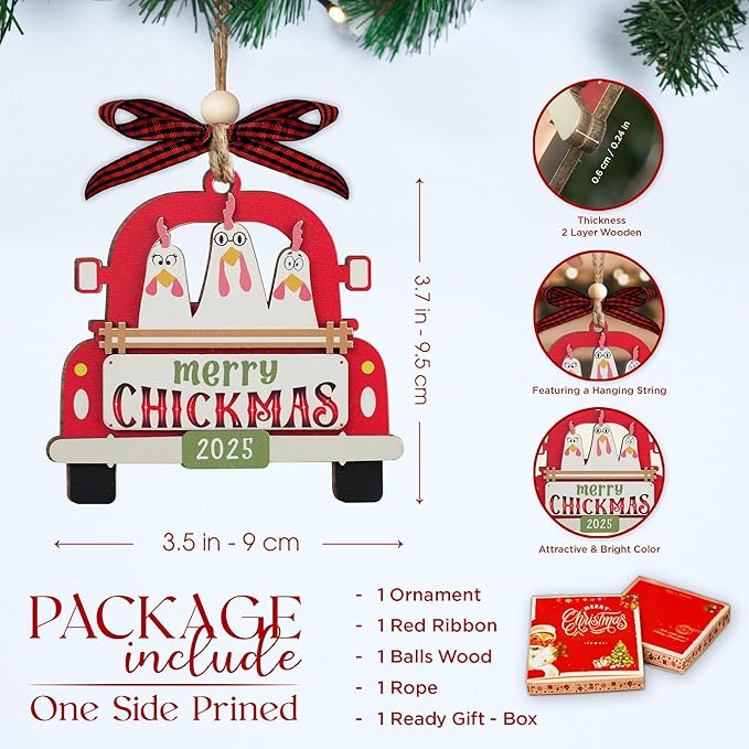 Chicken Christmas Ornaments 2025-2 Layer Chicken Ornament - Merry Chickmas Funny Ornament - Farm Animal Ornaments for Chicken Lovers - Animal Lovers Gifts for Women - Farm Decor