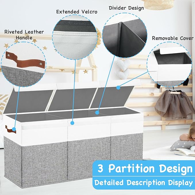 Large Toy Box Chest,Toy Storage Organizer,Storage Bins with Lids,Stuffed Animal Storage,Toy Bins for Kids,Toddlers,Baby,Girls,Nursery,Living room,playroom(Grey)