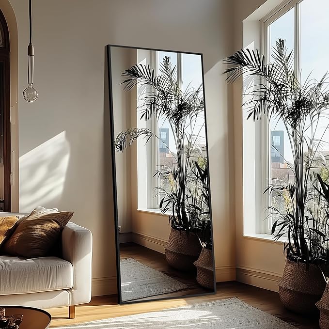 Delma Standing Full Length Mirror with Aluminium Frame for Bedroom Bathroom Living Room(with Stand,70x35-Black)