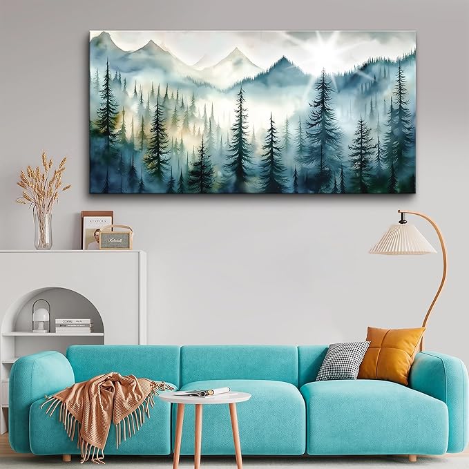 Lapremoly Fog Forest Landscape Pictures Large Wall Art For Living Room Bedroom Canvas Prints Wall Decor Office Modern Wall Painting Home Decor Artwork Blue Abstract Wall Decorations Ready To Hang