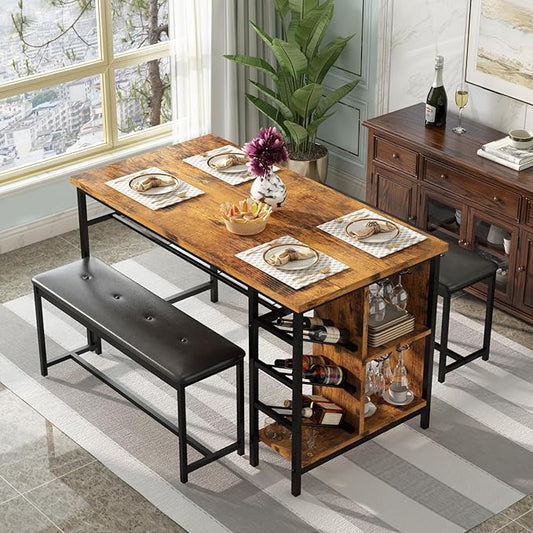 AWQM Space Saving Dining Table Set for 2-4 People, 53" Kitchen Table with 2 Upholstered Bench, Dinner Table with Wine Rack Glass Holder and Storage Shelf, 3-Piece Dinette Table for Small Apartment