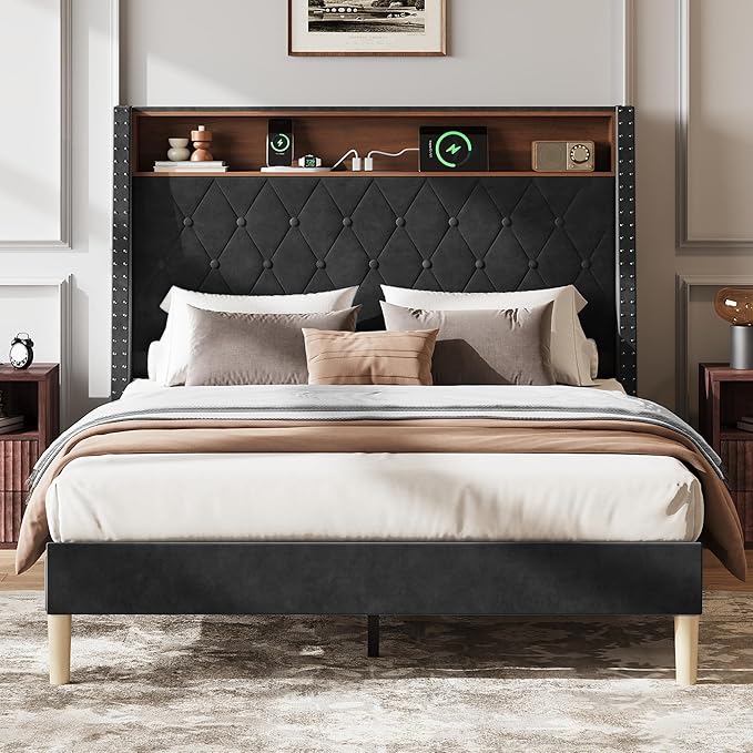 WLIVE Full Size Upholstered Bed Frame with Storage Headboard, Velvet Square Tufted Platform Bed with Charging Station, Sturdy Metal & Wooden Slats Support, No Box Spring Needed, Black