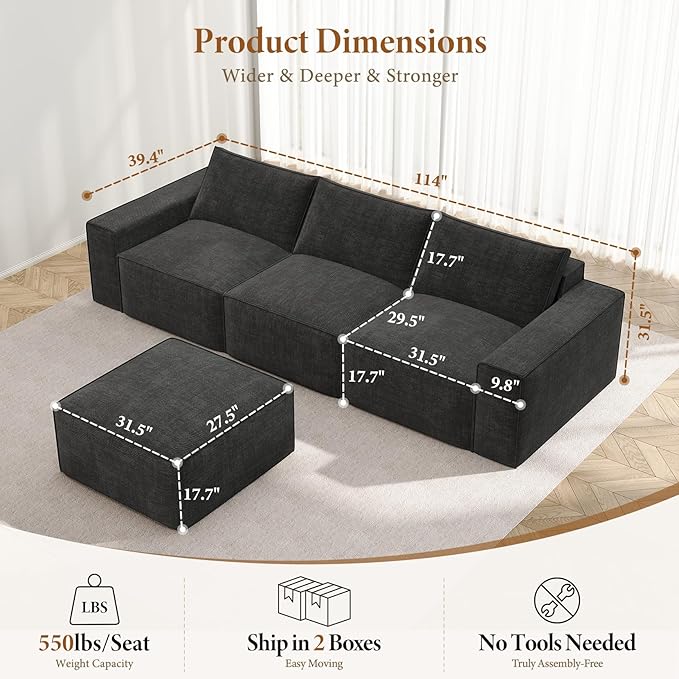 Vesgantti 114" Modular Sectional Boneless Couch, Modern 3 Seater Sofa with Ottoman & Deep Seat, Convertible Chenille L Shaped Cloud Couches for Living Room, No Assembly Required, Dark Grey