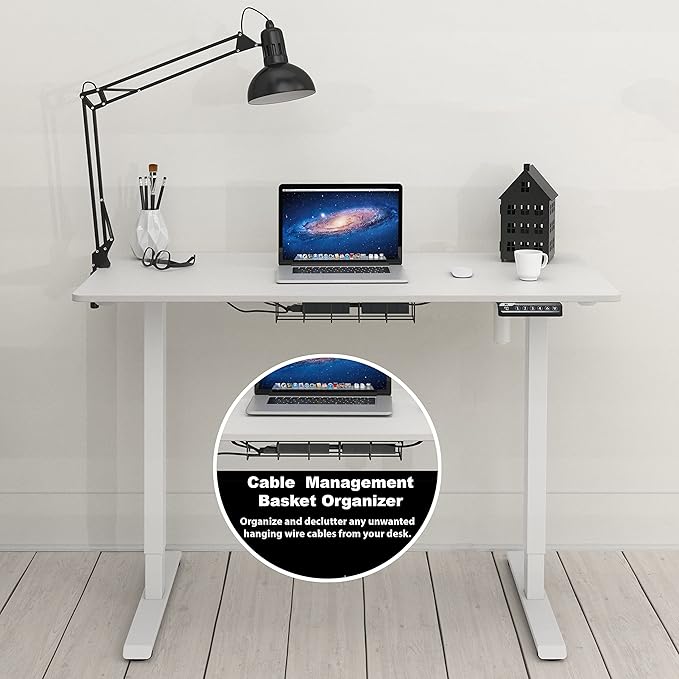 SHW 48-Inch Electric Height Adjustable Sit to Stand Desk with Hanging Hooks and Cable Management, White Frame and White Top