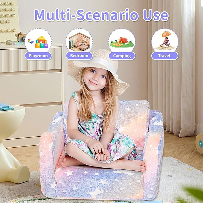 Kids Couch for Toddlers, 2-in-1 Kids Sofa Chair Glow in The Dark, Comfy Soft Foldable Toddler Couch Chair for Girls and Boys