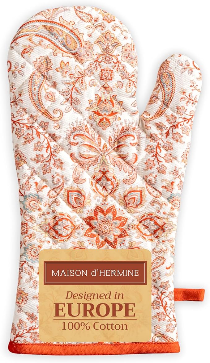 Maison d' Hermine Oven Gloves 100% Cotton Oven Mitt 7" x 13" with Loop Heat Resistant BBQ Cooking Gloves for Thanksgiving Christmas Decorations Baking Handling Hot Pans (Pack of 1, Cachemire)
