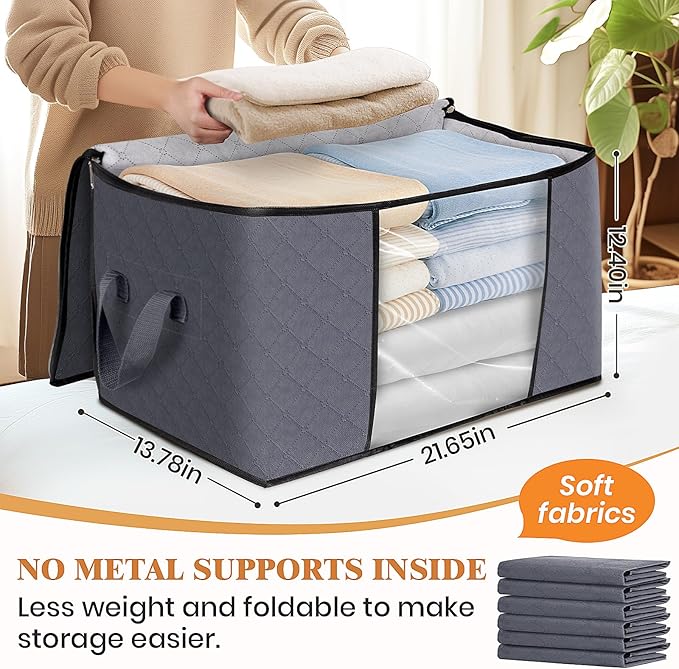 Fab totes 6 Pack Clothes Storage, Foldable Thick Fabric Blanket Storage Bags, Containers for Organizing Bedroom, Closet, Clothing, Comforter,Closet Organization with Handle,Grey