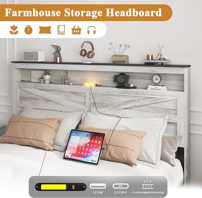Farmhouse Wooden Bed Frame Queen Size with Storage Headboard, Boho Platform Bedframe with LED Lights and Charging Station, Metal Slats Support, No Box Spring Needed, White
