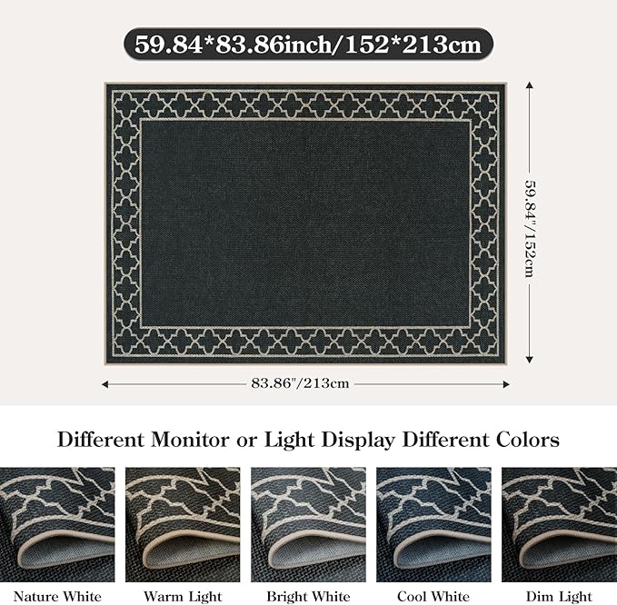 OJIA Easy Jute Washable Rugs 5x7 Outdoor Rug, Modern Area Rug Patio Rug Living Room Rugs Bordered Indoor Outdoor Rug Farmhouse Non-Slip Carpet Geometric Black Rug for Backyard Dining Room