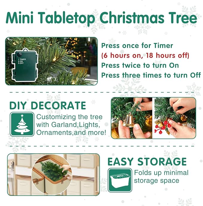Pre-Lit 2ft Small Christmas Tree, Tabletop Christmas Trees with 50 LED Lights, Mini Artificial Xmas Tree for Table,Desk,Home,Office,Christmas Decor