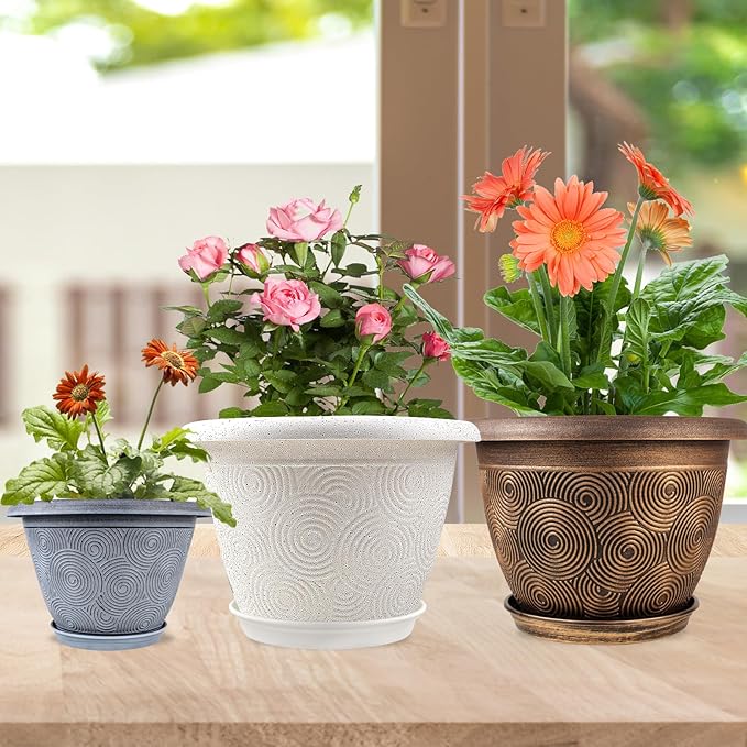 Plastic Flower Pots Planters for Indoor Plants, 4 Pack 14 Inch White Plant Pots with Drainage Hole & Tray, Modern Decorative Large Plant Pot with Saucer for Indoor Outdoor Plants Garden House Planter