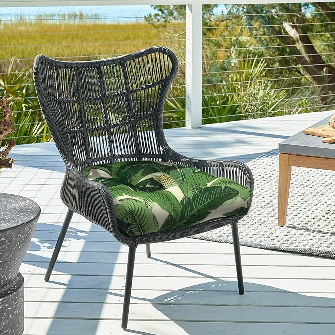 Set of 2 Outdoor Tufted Chair Cushions 19"x19"x4", Water Repellent Patio Seat Cushions with Ties, Replacement Chair Pads for Wicker Dining and Patio Furniture - Swaying Palms Green