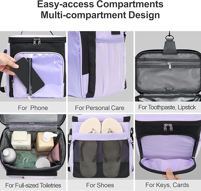 F-color Hanging Shower Caddy Portable - College Dorm Essentials for Girls with Hooks, Soft Crossbody Shoulder Strap, Multiple Pockets, Quick-Dry Shower Bag for Dorm Travel Essentials, Purple