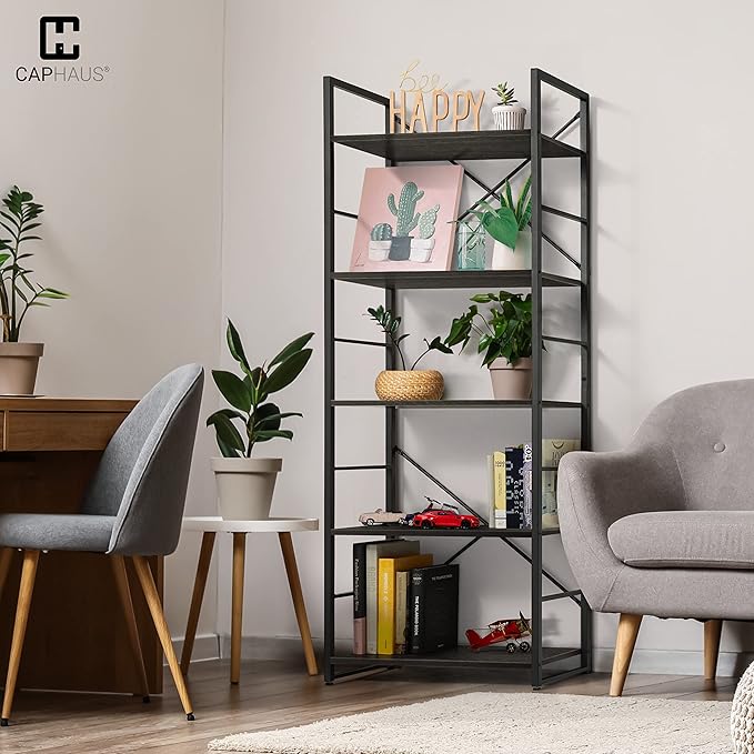 CAPHAUS 5 Tier Bookshelf, 24 Inch Width Free Standing Shelf, Bookcase Shelf Storage Organizer, Industrial Book Shelves for Home Office, Living Room, Kitchen, Black Vintage Shelves & Metal Frame