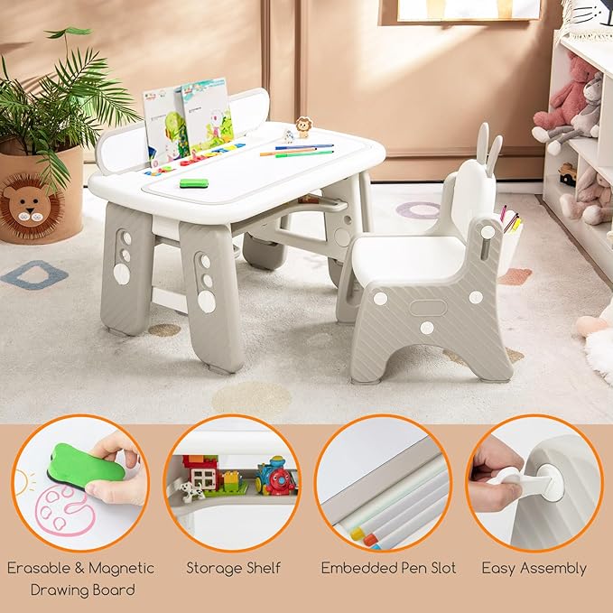 Costzon Kids Table and Chair Set, Graffiti Activity Table w/Flip-Top Tabletop Bookshelf, Erasable Magnetic Drawing Board, Storage, Adjustable Height for Drawing, Toddlers Art Table & Chair (Gray)