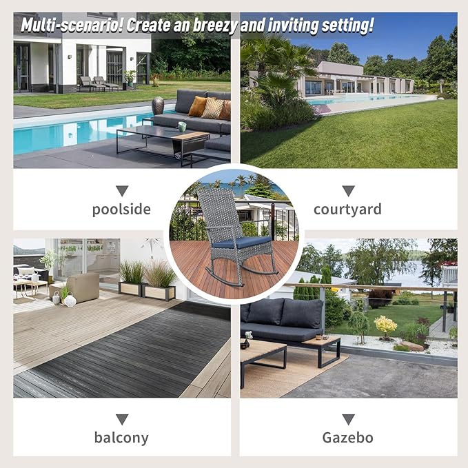 Rocking Chair Outdoor 3 Pieces High-Backed Patio Rocking Chairs Bistro Table and Chairs Set of 2, Navy Blue